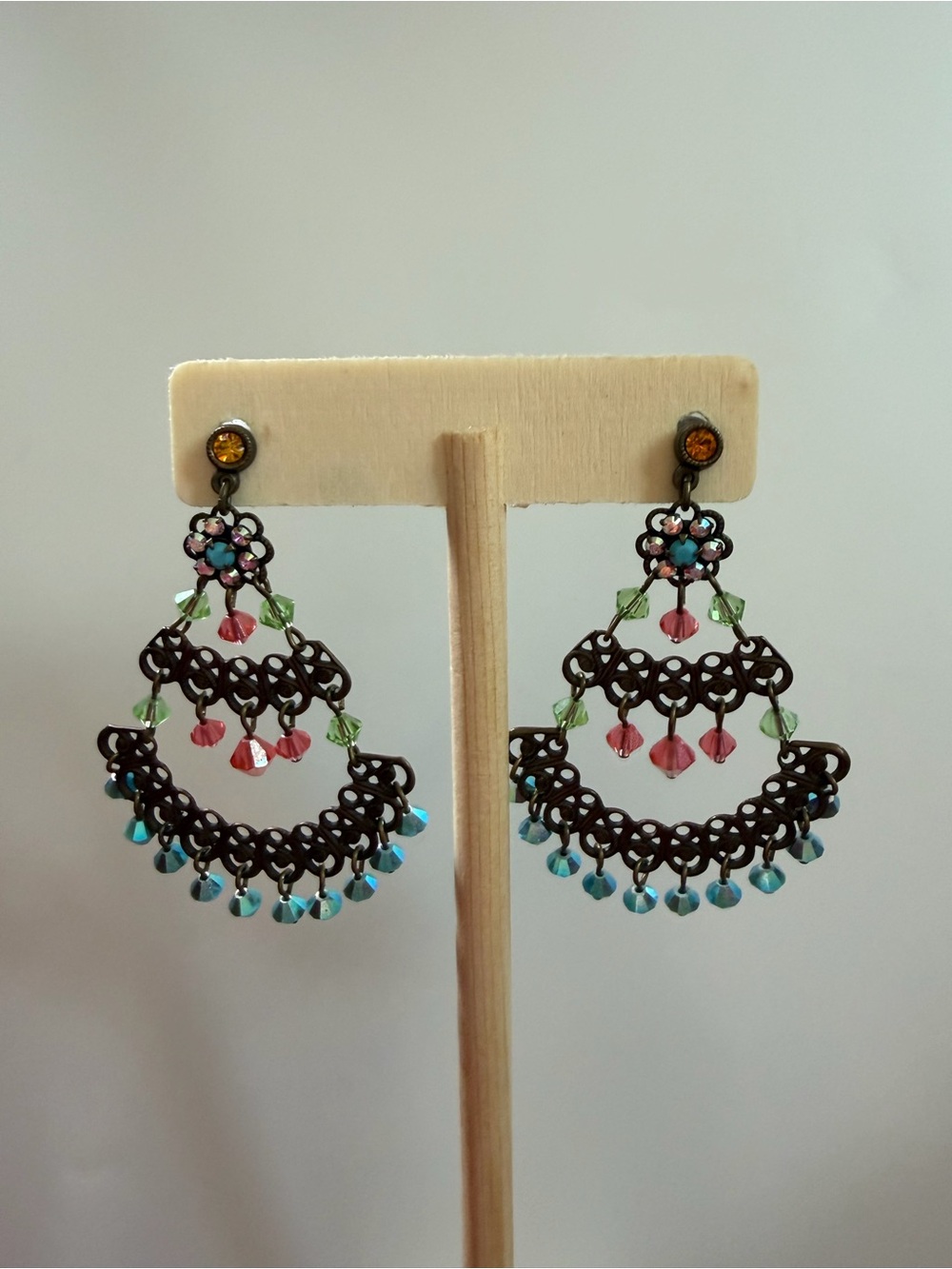 Liz Palacios Vintage‑Inspired Crystal Filigree Green Blue Pink Earrings